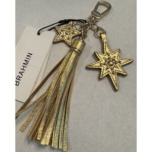 NWT Brahmin  Celestial GOLD ASTRA CRYSTAL TASSEL Leather Key Fob STAR Charm